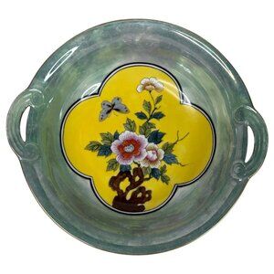 VTG Hand Painted Art Deco Lustreware Bowl With Handles Butterfly Flower Japan